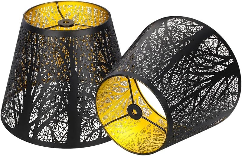 ALUCSET Etched Small Forest Metal Lampshade Top 6‘’ Bottom 10‘’ Height 7.5" Barrel Shade Lampshade Fits Most Table Lamp and Floor Lamp Spider, Outer Black and inner Gold - Image 1